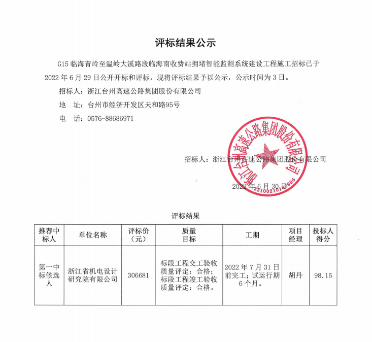 G15臨海青嶺至溫嶺大溪路段臨海南收費站擁堵智能檢測系統(tǒng)建設(shè)工程評標(biāo)結(jié)果公示.png